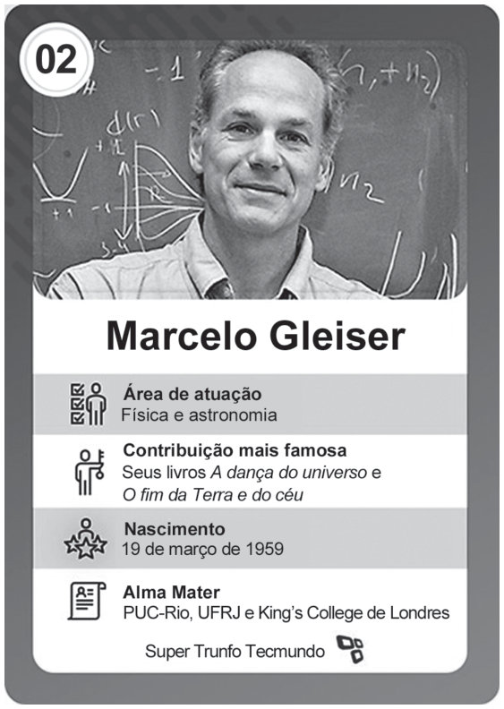 Carta com o número 02 no alto, foto de Marcelo Gleiser diante de um quadro com fórmulas e seu nome em destaque. Campos: “Área de atuação: Física e astronomia”; “Contribuição mais famosa: Seus livros A dança do universo e O fim da Terra e do céu”; “Nascimento: 19 de março de 1959”; “Alma Mater: PUC-Rio, UFRJ e King’s College de Londres”. No rodapé: “Super Trunfo Tecmundo”.