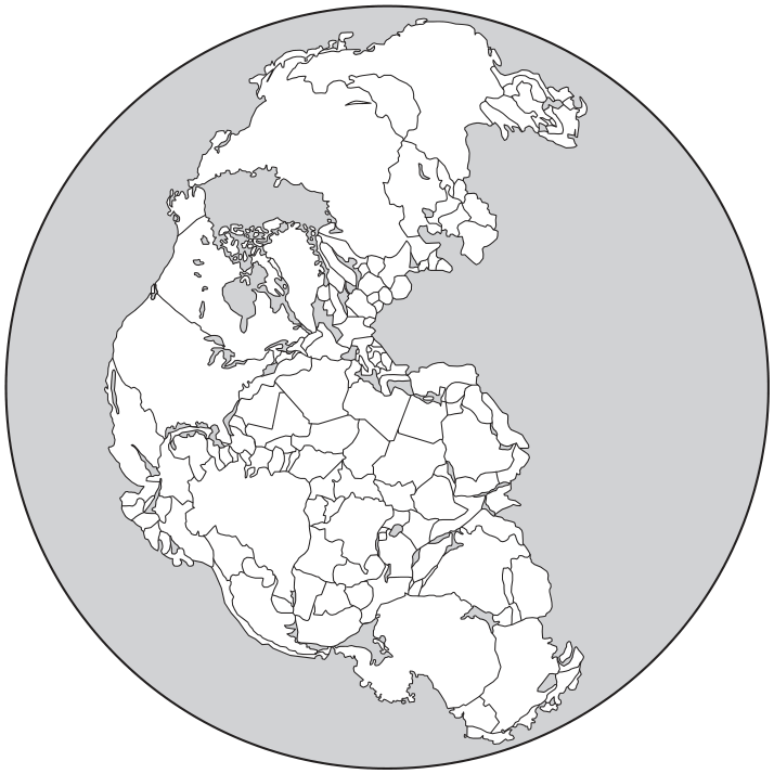 Mapa circular de um planeta. Uma única grande massa de terra ocupa o centro, cercada por oceano cinza. A terra reúne os continentes em um bloco contínuo, com contornos e fronteiras políticas de numerosos países desenhados em preto. Não há nomes nem legenda.
