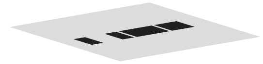 Plano do solo claro em perspectiva com quatro manchas pretas retangulares alinhadas: uma pequena isolada à esquerda; à direita dela um grupo de três retângulos justapostos, formando um bloco contínuo maior.