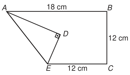 Esquema com A no alto à esquerda, B no alto à direita e C abaixo de B. O segmento horizontal AB mede 18 cm; o vertical BC, 12 cm. E está à esquerda de C, no mesmo nível, e EC mede 12 cm. Estão desenhados os segmentos AE, AD e DE. D fica à direita de AE, e o ângulo entre AD e DE é reto.