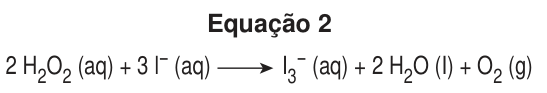 Dois H dois O dois aquoso, mais três íons iodeto aquosos, produzem íon tri-iodeto aquoso, mais duas moléculas de H dois O líquido, mais O dois gasoso.