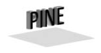 Perspectiva 3D de uma escultura com as quatro letras P I N E dispostas verticalmente, com mesma espessura e espaçamento igual entre letras, suspensas acima do solo; abaixo, um plano retangular claro representa o solo.