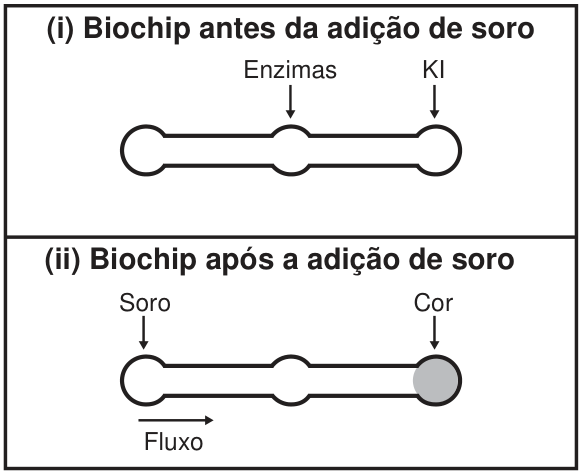 Esquema de um biochip com três regiões ligadas em linha. Em cima, antes da adição de soro: enzimas na região central e iodeto de potássio, KI, na região da direita. Embaixo, após a adição de soro: soro na região da esquerda, seta de fluxo para a direita e cor cinza na região da direita.