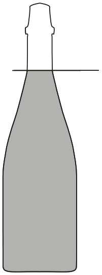 Esquema de uma garrafa: corpo largo com paredes verticais; acima, ombros que se estreitam até um gargalo estreito. A parte cinza representa o líquido. Uma linha horizontal marca o nível de envasamento na base do gargalo, onde terminam os ombros.