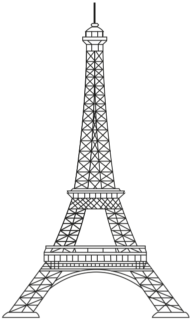 Desenho da Torre Eiffel, formada por treliças metálicas. A estrutura se alarga em direção à base e termina em quatro apoios no solo, com um arco entre os apoios visíveis.