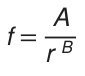 f igual a A dividido por r elevado a B.