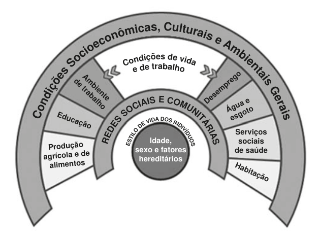 Esquema em camadas semicirculares. No centro: “Idade, sexo e fatores hereditários”. Ao redor: “Estilo de vida dos indivíduos” e “Redes sociais e comunitárias”. Na camada seguinte, sob o título “Condições de vida e de trabalho”, aparecem: ambiente de trabalho; educação; produção agrícola e de alimentos; desemprego; água e esgoto; serviços sociais de saúde; habitação. A camada externa traz “Condições socioeconômicas, culturais e ambientais gerais”.