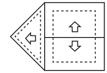Planta com ponta triangular à esquerda e parte retangular à direita. Uma linha horizontal sai da ponta esquerda e atravessa o retângulo. Há uma seta para a esquerda no triângulo, uma para cima na metade superior do retângulo e outra para baixo na metade inferior. Há linhas tracejadas próximas às bordas internas.