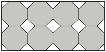 Painel retangular com oito octógonos cinza, dispostos em duas linhas de quatro. Entre as colunas, na faixa central, há três espaços brancos em forma de quadrado girado, como losangos. Os outros 12 espaços brancos têm forma de triângulo retângulo isósceles: cinco na borda superior, cinco na inferior e um no meio de cada borda lateral.