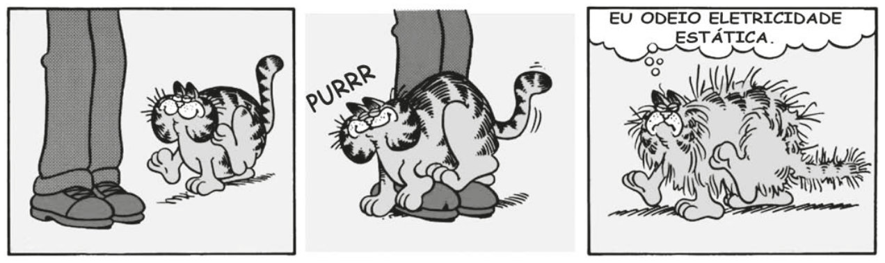 Tirinha em três quadros. No primeiro, um gato está ao lado das pernas de uma pessoa de calça. No segundo, o gato esfrega o corpo na calça; aparece o som “PURRR”. No terceiro, o gato se afasta com os pelos eriçados em todas as direções e pensa: “EU ODEIO ELETRICIDADE ESTÁTICA.”