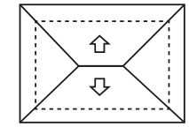 Planta retangular. Linhas saem dos quatro cantos e formam um triângulo em cada extremidade; uma linha horizontal liga as pontas internas desses triângulos. Há uma seta para cima na região central superior e outra para baixo na inferior. Há linhas tracejadas próximas às bordas.