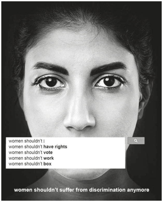 Pôster em preto e branco. O rosto de uma mulher olha diretamente para a frente. Sobre sua boca há uma caixa de busca com as frases, em inglês: “women shouldn’t”, com o cursor ao final; “women shouldn’t have rights”; “women shouldn’t vote”; “women shouldn’t work”; “women shouldn’t box”. Na parte inferior, lê-se: “women shouldn’t suffer from discrimination anymore”.