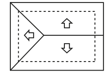 Planta retangular. Duas linhas partem dos cantos superior e inferior esquerdos e se encontram num ponto interno; desse ponto, uma linha horizontal segue até a borda direita. Há uma seta para a esquerda na região triangular e setas para cima e para baixo nas regiões à direita. Um contorno tracejado acompanha as bordas internas.