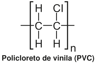 Entre colchetes, dois carbonos ligados por ligação simples. O carbono da esquerda liga-se a dois hidrogênios; o da direita, a um cloro e um hidrogênio. Uma ligação sai de cada lado dos colchetes. Após o colchete direito, há o índice n.