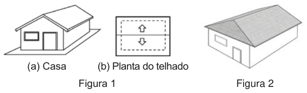 À esquerda, desenho de uma casa com telhado de duas águas e uma linha de cumeeira que vai da frente aos fundos. À direita, planta retangular do telhado, dividida por uma linha horizontal. Uma seta aponta para cima na metade superior; outra aponta para baixo na metade inferior. Há um contorno tracejado próximo às bordas.
