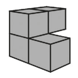 Sólido formado por quatro cubos iguais. Dois cubos estão empilhados à esquerda. Na camada superior, outro cubo se prolonga para trás e para a direita; na inferior, o quarto cubo se prolonga para a frente e para a direita.
