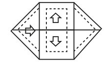 Planta com parte central retangular e pontas triangulares à esquerda e à direita. Uma linha horizontal atravessa toda a planta. Há uma seta para a direita na ponta esquerda, uma para cima na metade superior do retângulo central e outra para baixo na metade inferior. Há linhas tracejadas próximas às bordas internas.