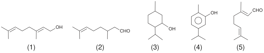 Cinco estruturas químicas numeradas. 1: cadeia aberta com oito carbonos, duplas entre os carbonos 2 e 3 e entre 6 e 7, metilas nos carbonos 3 e 7 e hidroxila no carbono terminal 1. 2: cadeia aberta com oito carbonos, dupla entre 6 e 7, metilas nos carbonos 3 e 7 e grupo CHO no carbono 1. 3: anel de ciclohexano com hidroxila, metila e grupo isopropil. 4: anel benzênico com hidroxila, metila e grupo isopropil. 5: cadeia aberta com oito carbonos, duplas entre 2 e 3 e entre 6 e 7, metilas nos carbonos 3 e 7 e grupo CHO no carbono 1.