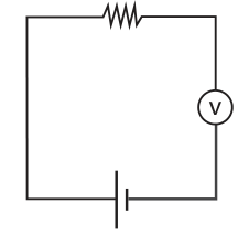 Circuito em um único laço retangular: resistor na parte superior, voltímetro na lateral direita e uma pilha na parte inferior. Na pilha, o traço longo está à esquerda.