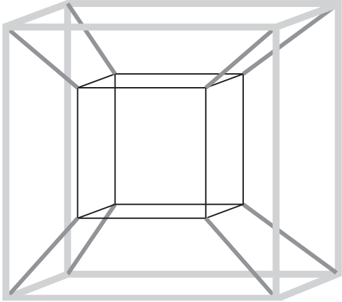 Esquema de uma estrutura de hastes em perspectiva. Há um cubo grande, de hastes cinza grossas, e um cubo menor em seu interior, de hastes pretas finas. Os cubos têm a mesma orientação. Oito hastes cinzas inclinadas ligam cada vértice do cubo grande ao vértice correspondente do cubo menor.