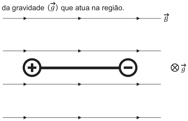 vetor g. Esquema visto de cima: linhas horizontais com setas para a direita, identificadas como vetor B. Uma haste horizontal liga a esfera positiva, à esquerda, à esfera negativa, à direita. À direita da haste, um círculo com cruz indica o vetor g entrando no plano da imagem.