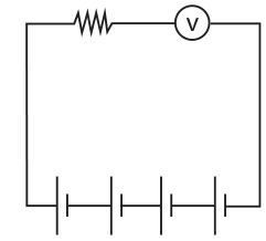 Circuito em um único laço retangular. Na parte superior, há um resistor seguido de um voltímetro. Na parte inferior, há quatro pilhas em série, todas com o traço longo à esquerda.