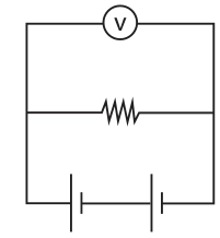 Circuito com três ramos paralelos entre as laterais esquerda e direita: voltímetro no ramo superior, resistor no central e duas pilhas em série no inferior. Nas duas pilhas, o traço longo está à esquerda.