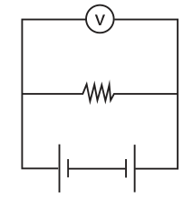 Circuito com três ramos paralelos entre as laterais esquerda e direita: voltímetro no ramo superior, resistor no central e duas pilhas em série no inferior. Na pilha da esquerda, o traço longo está à esquerda; na da direita, está à direita.