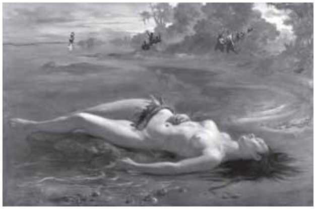 Pintura de uma mulher deitada de costas na areia, à beira d’água. Seu corpo nu, com um adorno de folhas na cintura, ocupa o primeiro plano. Ela está de olhos fechados, com a cabeça à direita, as pernas à esquerda e os cabelos escuros espalhados no chão. Ao fundo, há árvores e pequenas figuras humanas distantes.