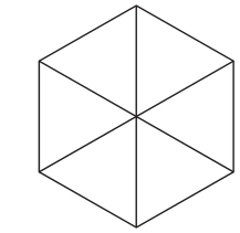 Hexágono com vértices superior, inferior, superior esquerdo, inferior esquerdo, superior direito e inferior direito. Seis segmentos retos partem do centro, um para cada vértice.