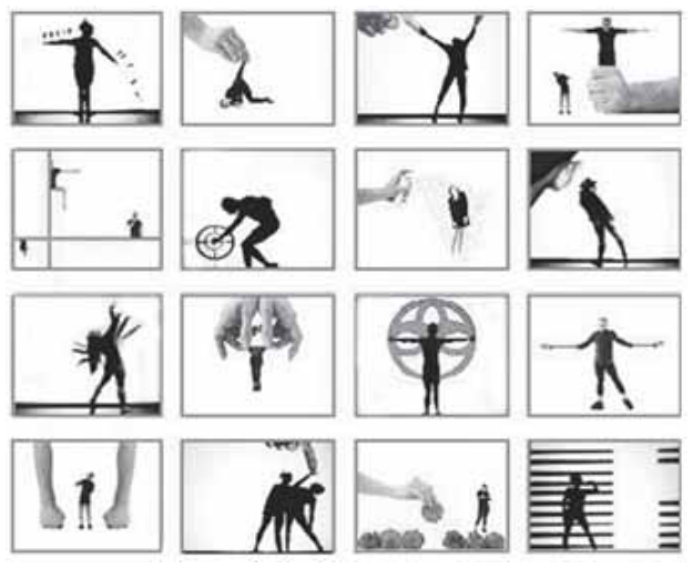 Montagem de 16 quadros, em quatro linhas por quatro colunas. Silhuetas de bailarinos aparecem em poses variadas: braços abertos ou erguidos, corpo inclinado e movimentos em dupla. Em alguns quadros, os bailarinos são minúsculos diante de mãos ou pernas enormes; em outros, surgem junto a uma roda, dentro de um círculo ou diante de faixas horizontais. As imagens combinam corpos dançando com efeitos de escala e composição digital.