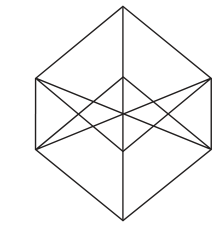 Hexágono com vértices superior, inferior, superior esquerdo, inferior esquerdo, superior direito e inferior direito. Um segmento vertical liga os vértices superior e inferior. No interior, há segmentos cruzados: os dois vértices da esquerda se ligam aos dois da direita. Há ainda um ponto na parte superior interna ligado aos vértices inferiores laterais e um ponto na parte inferior interna ligado aos vértices superiores laterais.