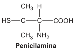 Estrutura plana da penicilamina. Um carbono está ligado a H S, a dois grupos C H três e a um segundo carbono. O segundo carbono está ligado a hidrogênio, N H dois e C O O H.