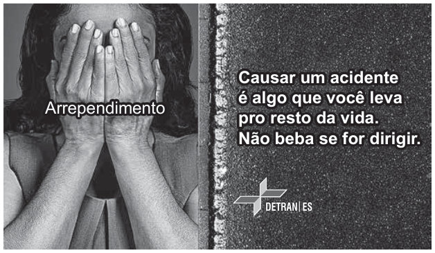Peça publicitária em preto e branco, dividida em duas partes. À esquerda, uma pessoa cobre o rosto com as mãos; sobre ela, a palavra “Arrependimento”. À direita, sobre fundo de asfalto, lê-se: “Causar um acidente é algo que você leva pro resto da vida. Não beba se for dirigir.” Abaixo, o logotipo do Detran do Espírito Santo.