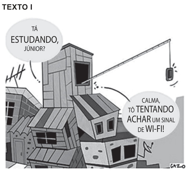 Tirinha em preto e branco. Em meio a casas muito próximas e improvisadas, uma voz pergunta: “Tá estudando, Júnior?”. No alto de uma casa, uma pessoa estende uma vara comprida com um celular pendurado na ponta. Ela responde: “Calma, tô tentando achar um sinal de wi-fi!”