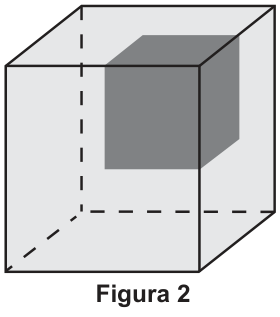Cubo em perspectiva. Três regiões cinza-escuras ocupam, cada uma, um quarto das faces superior, frontal e direita. Elas se encontram no vértice superior direito da face frontal. As arestas ocultas do cubo são tracejadas.