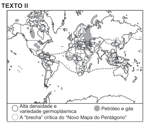 Mapa-múndi com três símbolos na legenda: círculos vazios indicam alta densidade e variedade germoplásmica; manchas cinzas, petróleo e gás; linha pontilhada, a “brecha” crítica do “Novo Mapa do Pentágono”. A linha pontilhada percorre áreas da América Latina, África e Ásia. Há círculos na América Central, no norte da América do Sul, no leste e sudeste da Ásia e na Austrália. Manchas cinzas aparecem na América do Norte e na Ásia.