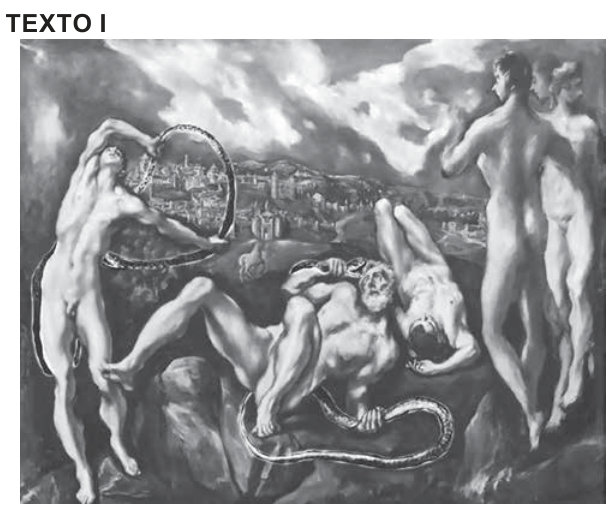 Pintura com três homens nus de corpos alongados e contorcidos, envolvidos por serpentes. Um se curva à esquerda; os outros dois estão caídos no centro. À direita, duas figuras nuas permanecem de pé. Ao fundo, há uma cidade murada, um pequeno cavalo e um céu de nuvens escuras.