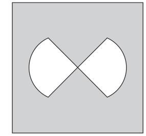Quadrado cinza com duas regiões brancas, uma à esquerda e outra à direita. Cada uma tem borda externa curva e duas bordas retas diagonais que chegam ao centro do quadrado. As quatro bordas diagonais formam um X.