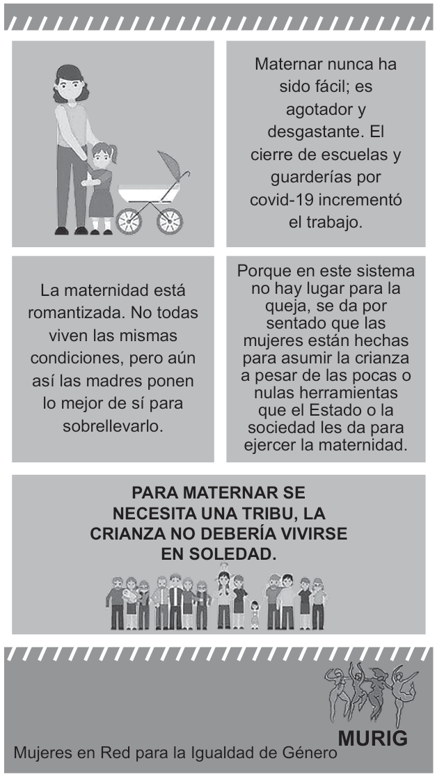 Cartaz dividido em quadros. No alto, à esquerda, uma mulher segura a mão de uma menina ao lado de um carrinho de bebê. À direita, lê-se: “Maternar nunca ha sido fácil; es agotador y desgastante. El cierre de escuelas y guarderías por covid-19 incrementó el trabajo.” Abaixo, à esquerda: “La maternidad está romantizada. No todas viven las mismas condiciones, pero aún así las madres ponen lo mejor de sí para sobrellevarlo.” À direita: “Porque en este sistema no hay lugar para la queja, se da por sentado que las mujeres están hechas para asumir la crianza a pesar de las pocas o nulas herramientas que el Estado o la sociedad les da para ejercer la maternidad.” No quadro inferior, em destaque: “PARA MATERNAR SE NECESITA UNA TRIBU, LA CRIANZA NO DEBERÍA VIVIRSE EN SOLEDAD.” Sob a frase, há um grupo de adultos e crianças. No rodapé: “Mujeres en Red para la Igualdad de Género” e “MURIG”.