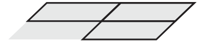 Paralelogramo cinza, com bases horizontais e lados inclinados para cima e à direita. Em preto: toda a base superior, metade direita da inferior e uma horizontal inteira à meia altura. Há uma diagonal curta na extremidade esquerda superior, o lado direito inteiro e uma diagonal central que liga a base inferior à superior.