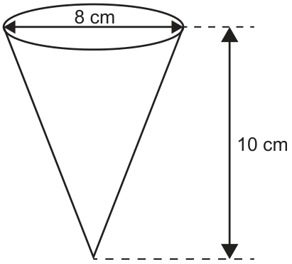 Cone circular reto com a base circular na parte superior e o vértice abaixo. Uma seta horizontal atravessa a base de uma borda à outra e indica diâmetro de 8 cm. Uma seta vertical, da altura da base até a altura do vértice, indica 10 cm.