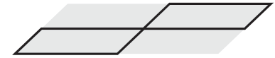 Paralelogramo cinza, com bases horizontais e lados inclinados para cima e à direita. Em preto: metade esquerda da base inferior, metade direita da superior e uma linha horizontal inteira à meia altura. Há diagonais curtas nas extremidades esquerda inferior e direita superior, além de uma diagonal central que liga a base inferior à superior.
