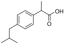 Fórmula estrutural do ibuprofeno. Um anel benzênico tem dois grupos em posições opostas: um grupo CH2–CH(CH3)2 e um grupo CH(CH3)–COOH. Neste último, o carbono CH liga-se ao anel, a um grupo metil e ao grupo carboxila. Todas as ligações são desenhadas no plano.