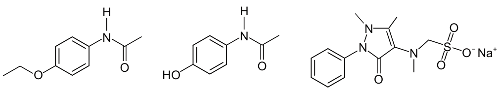 Três fórmulas estruturais. Fenacetina: anel benzênico com os grupos etóxi, O–CH2–CH3, e NH–CO–CH3 em posições opostas. Paracetamol: anel benzênico com OH e NH–CO–CH3 em posições opostas. Dipirona sódica: anel benzênico ligado a um anel de cinco membros com dois nitrogênios e uma carbonila; há grupos metil e uma cadeia terminada em sulfonato, SO3⁻, acompanhada de Na⁺. Não há ligações em cunha ou tracejadas.