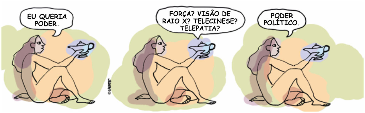 Tirinha de três cenas. Uma mulher sentada segura uma lâmpada mágica na mão. Na primeira cena, ela diz: “Eu queria poder.” Na segunda, uma voz vinda da lâmpada pergunta: “Força? Visão de raio X? Telecinese? Telepatia?” Na terceira, a mulher responde: “Poder político.”