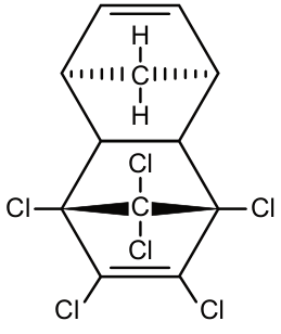 Estrutura molecular do aldrin, formada por dois anéis hexagonais unidos por uma aresta horizontal. Há ligações duplas na borda superior do anel de cima e na borda inferior do anel de baixo. O desenho indica seis átomos de cloro ligados à estrutura, além de hidrogênios. No interior, há ligações tracejadas e em cunha, que indicam a disposição espacial dos átomos.