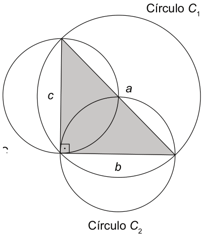 Triângulo retângulo com ângulo reto no vértice inferior esquerdo. O lado vertical, marcado c, liga esse vértice ao superior; o lado inferior, marcado b, vai até o vértice direito; o lado inclinado, marcado a, liga o vértice superior ao direito. Cada lado é o diâmetro de um círculo: C₃ no lado c, C₂ no lado b e C₁ no lado a.