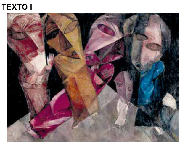 Pintura com cinco figuras humanas alongadas e sobrepostas. À esquerda, uma figura em tons de vermelho e branco; ao centro, figuras em amarelo e rosa; à direita, uma figura de rosto claro e roupa azul. À frente, há uma figura menor, cinza. Rostos e corpos têm formas angulosas e fragmentadas, sobre fundo escuro.