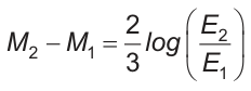 M dois menos M um é igual a dois terços vezes o logaritmo de E dois dividido por E um.